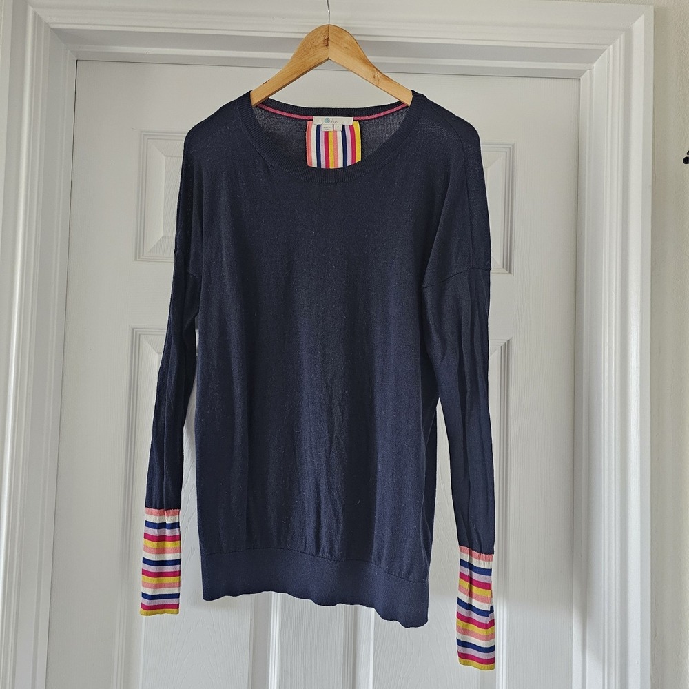 Boden Medium Navy Wool Blend Scoop Neck Sweater Multicolor Stripe Cuffs #51